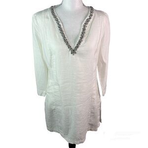 New! Malvin I Love Linen Rhinestone White V-Neck 3/4 Sleeve Tunic Top Sz Small